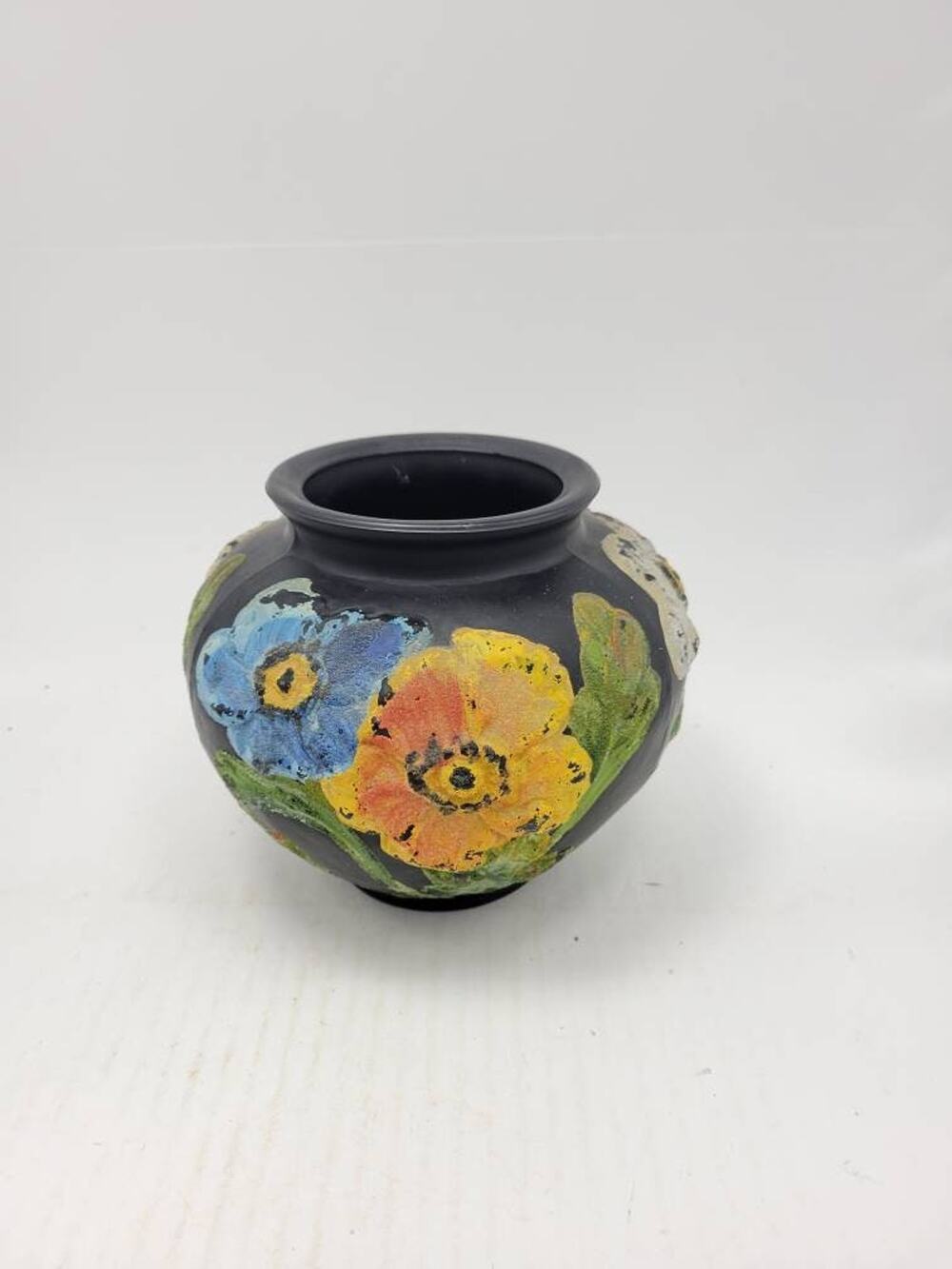 Vintage Tiffin Glass Black Satin Poppy Vase Art Deco Painted Coralene 5.5"